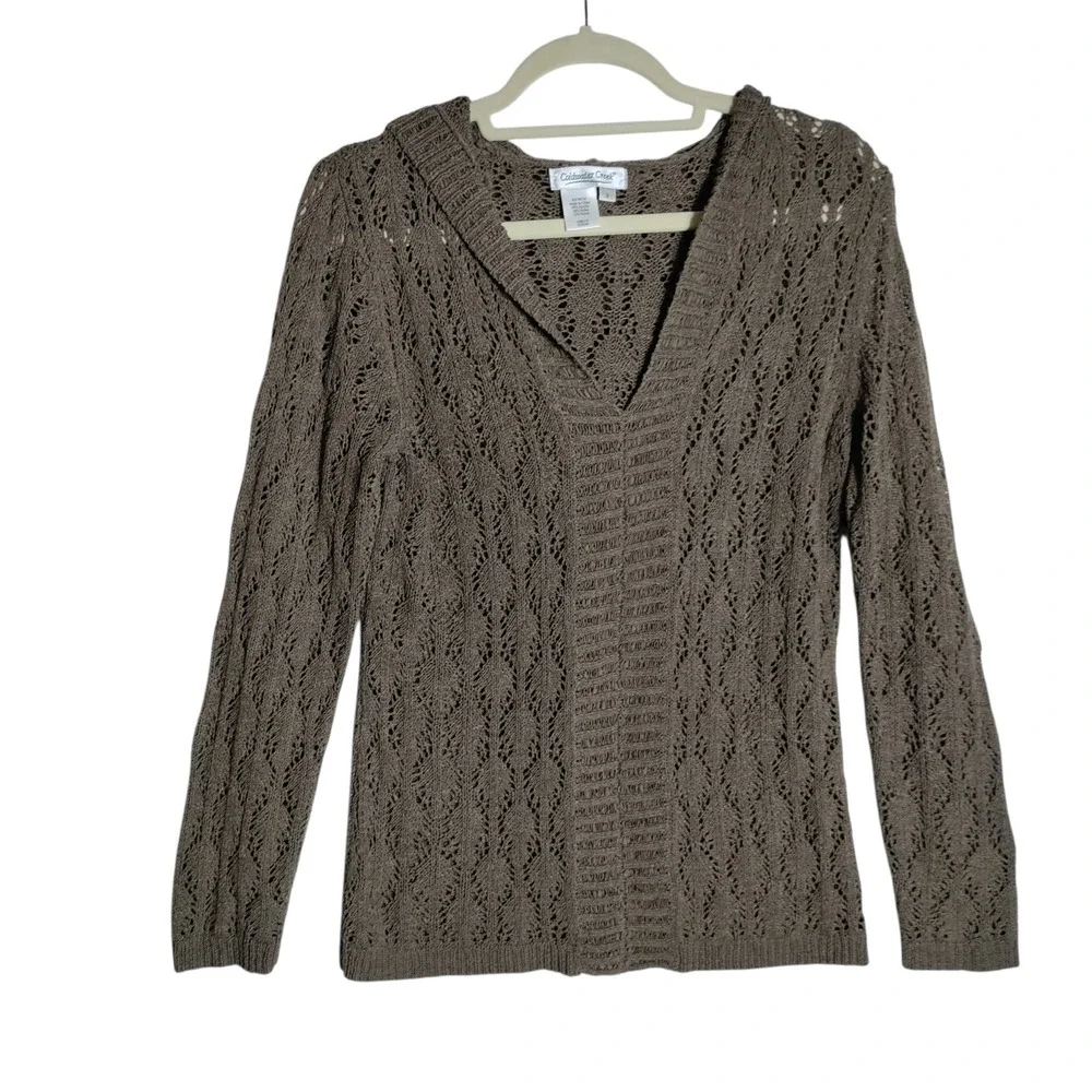 Coldwater Creek Womens Small Brown Crochet Knit Hoodie V-Neck Sweater Pointelle